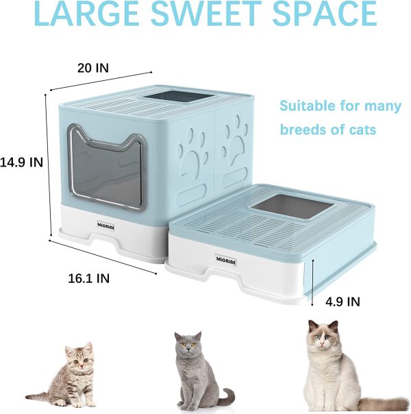 Cat Litter Box Large Pan - Foldable Top Exit Pet Boxes with Entry Lid, Plastic Cleaning Scoop,Cat Nail Clippers,Portable Cats Bowl (Blue) - Image 3