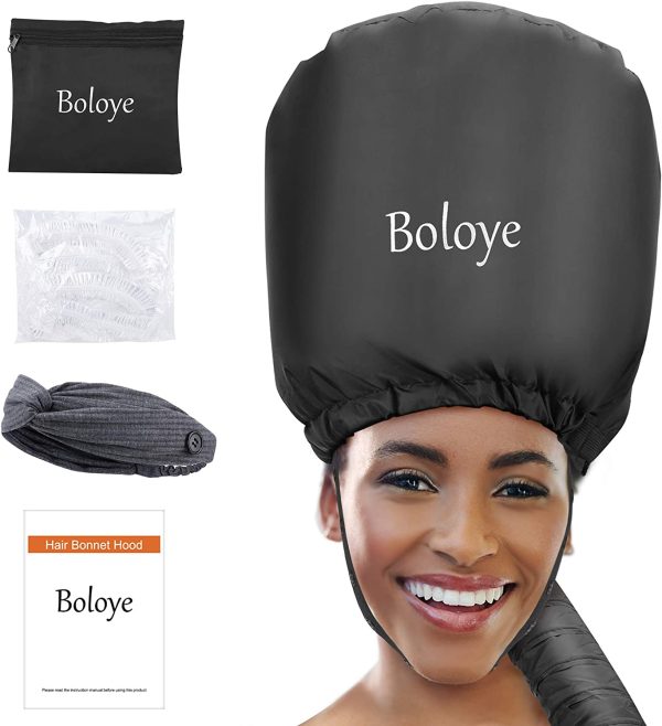 Bonnet Hair Dryer - Boloye Soft Bonnet Hood Hair Dryer Attachment with Heat Protector Headband to Reduces Heat Around Ears - Used for Curl, Hair Styling, Deep Conditioning and Hair Drying (Black)