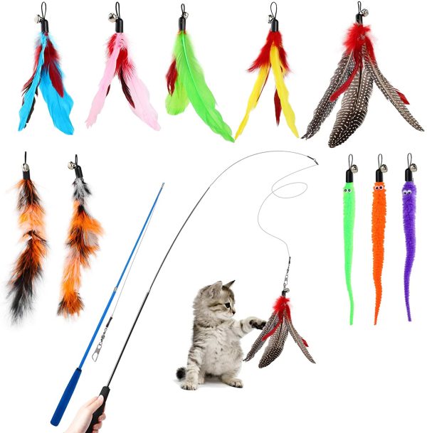 Hianjoo Feather Teaser Cat Toy Set 12 pcs, Interactive Toys for Cats 2 Retractable Cat Wand Funny Sticks and 10 Replacement Feather Teaser with Bell for Kitten Cat Catcher Having Fun Exercise Playing - Image 3