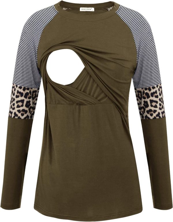 Smallshow Women's Nursing Shirt Top Leopard Block Patchwork Breastfeeding Clothes