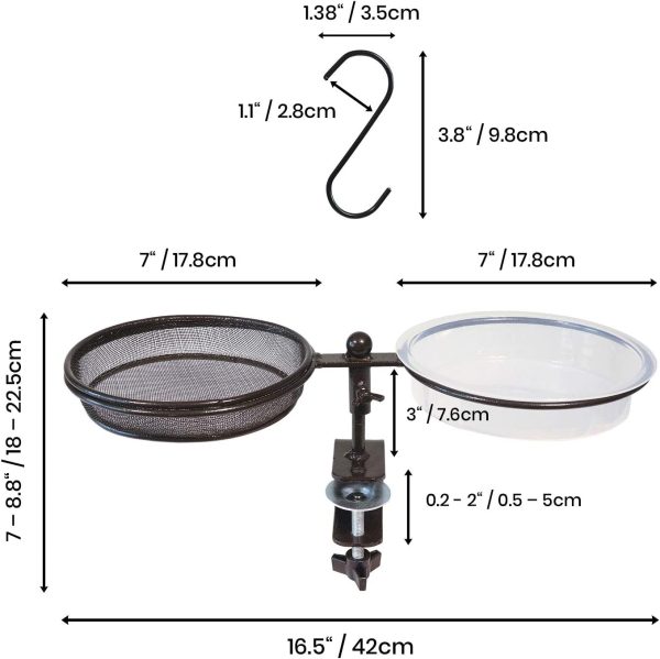 llevantics Deck Bird Feeder Bath - Railing Mounted with Seed Tray and Water Bowl Adjustable Clamp Bracket for Easy Installation Powder-Coated Black Steel Completed with 2 Multifunctional S-Hooks - Image 7