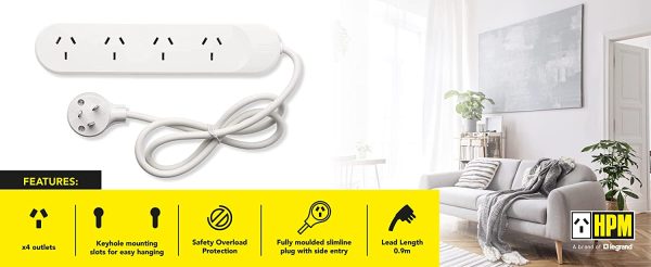 HPM R105 Standard Overload 4 Outlet Powerboard Powerboard - Standard 10A 2400W 4 outlets White Overload Protection 0.9m Lead, White - Image 4