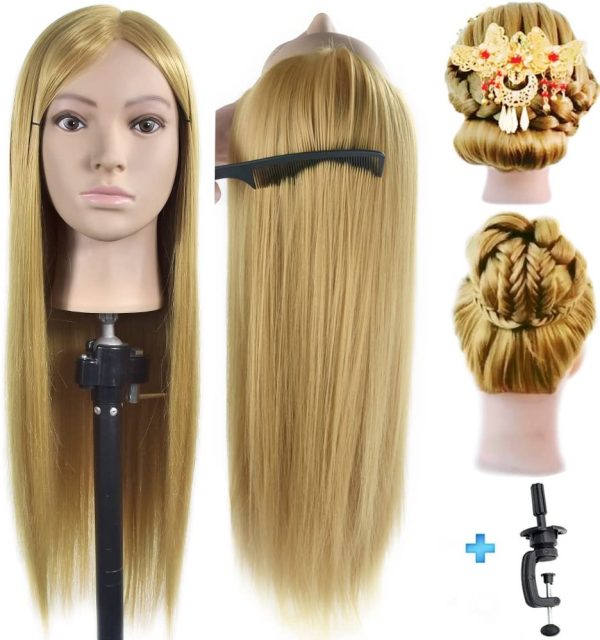 ErSiMan 26"- 28" Mannequin Head 100% Synthentic Fiber Hairdresser Training Head Cosmetology Manikin Doll with Free Table Clamp Stand - Image 4