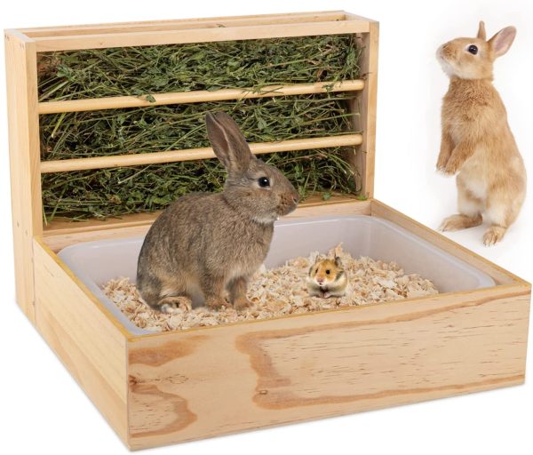 Rabbit Hay Feeder with Litter Pan, 2-in-1 Wooden Bunny Feeding Manger Grass Food Holder Rack with Plastic Litter Box Toilet for Rabbit Hamster Guinea Pig Small Pets Animals Reduces Waste Hay - Image 4