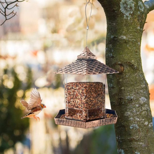 Hexagon Gazebo Bird Feeders Heavy Duty Squirrel Proof Seed Stations Plastic Hanging Wild Bird Food Container Bird Feeder with Waterproof for Outdoor Pet Supplies Garden Decoration (Gold) - Image 5