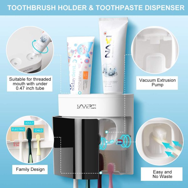 Toothbrush Holder Wall Mounted Automatic Toothpaste Dispenser Dustproof Cover Toothbrush Holder for Shower Bathroom Set with 2 Toothpaste Squeezers - Black - Image 5