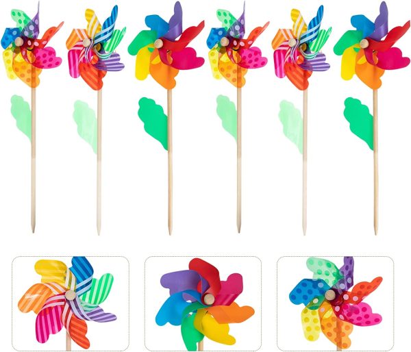 jojofuny Rainbow Flower Pinwheel 6pcs Colorful Garden Wind Spinners Kids Colorful Wind Wheels Toys Wood Stake Lawn Pinwheels Decorations Outdoor Yard Stakes - Image 6