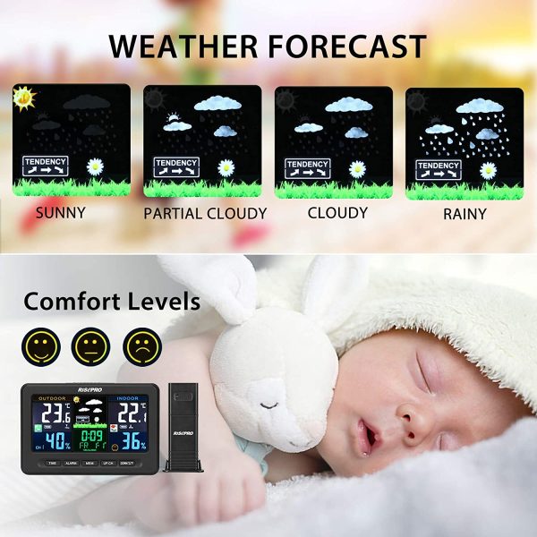 RISEPRO Wireless Weather Station with Outdoor Remote Sensor in/Out Temperature and Humidity Alarm Clock Calendar Weather Forecaster with Color LCD Display - Image 4