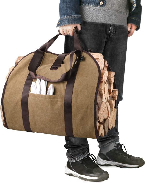 BONTHEE Canvas Log Carrier Large Space Wood Carrier Log Tote Bag for Fireplace Firewood with Padded Straps Handles - Image 2