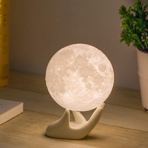 Mydethun Moon Lamp, 3.5 Inch - 3D Printed Lunar Lamp - Moon Light - Night Lights for Kids Room, Women, Home Decor, Gifting - Ceramic Hand Base - Touch Control Brightness - White & Yellow - Image 6