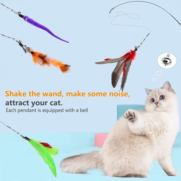 Hianjoo Feather Teaser Cat Toy Set 12 pcs, Interactive Toys for Cats 2 Retractable Cat Wand Funny Sticks and 10 Replacement Feather Teaser with Bell for Kitten Cat Catcher Having Fun Exercise Playing - Image 7