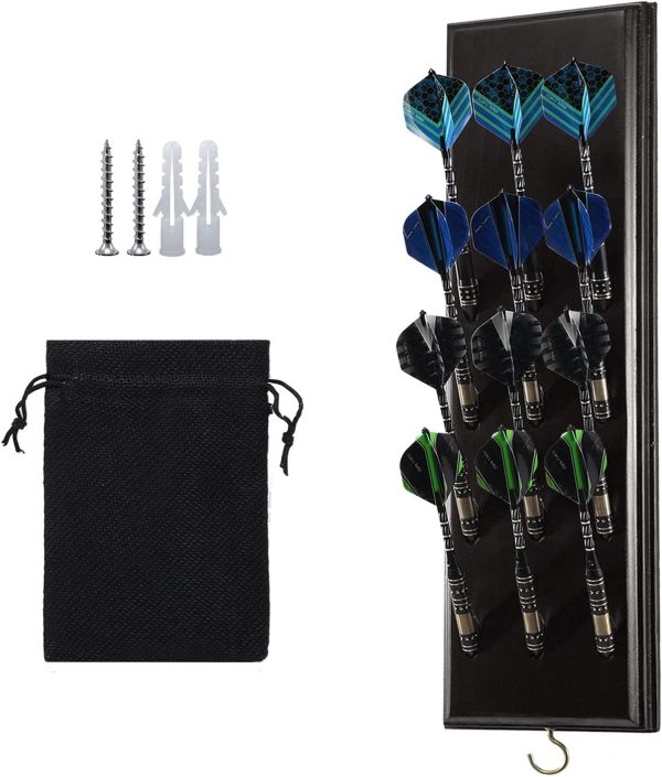 Darts Caddy Wall Mounted Darts Holder/Stand/with Metal Hook, Accessory Storage Bag, Displays 12 Set of Steel/Soft Tip Darts, Black