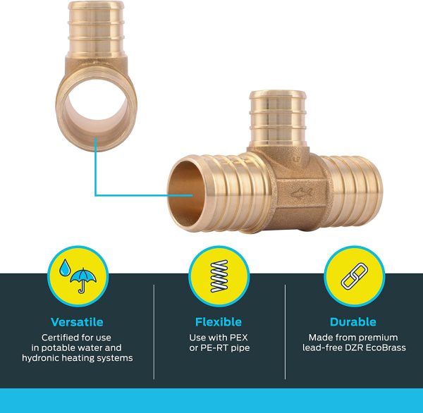 SharkBite 1 Inch x 1 Inch x 3/4 Inch Crimp Reducing Tee, Brass Plumbing Fitting, PEX Pipe, PE-RT, UC416LFA