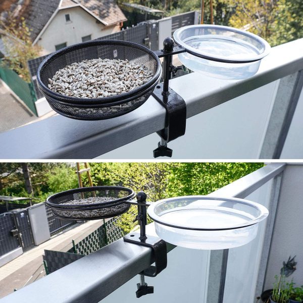 llevantics Deck Bird Feeder Bath - Railing Mounted with Seed Tray and Water Bowl Adjustable Clamp Bracket for Easy Installation Powder-Coated Black Steel Completed with 2 Multifunctional S-Hooks - Image 6