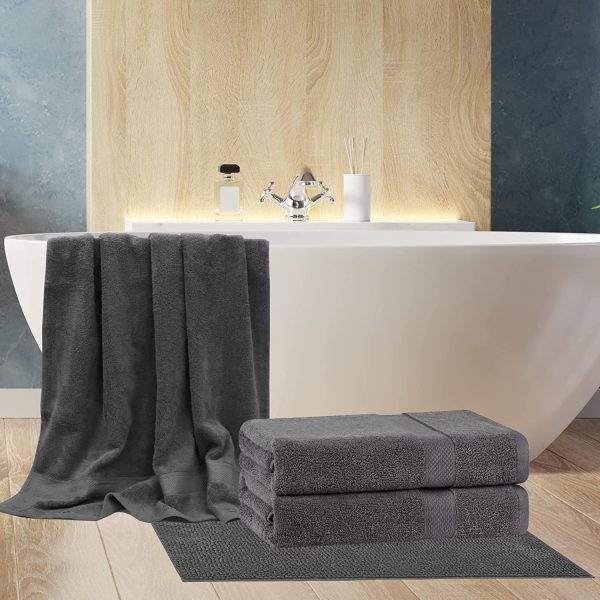 JustLINEN- Bath Towels Set- 3 Piece Luxury Bath Towel Sets with Bath Mat - 100% Combed Cotton 650GSM Durable & Absorbent, 2 Piece Bath Towels and 1 Piece Bath Mat -Charcoal - Image 3