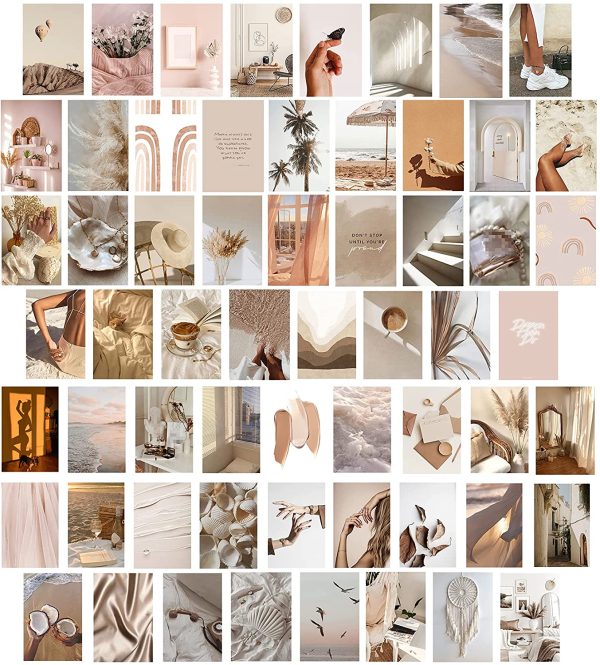 Btaidi 60 Pcs Beige Boho Wall Collage Kit Aesthetic Pictures, Cream Decor Boho Aesthetic Photos ,Wall Decor Posters for Girls Bedroom Wall, Dorm Room Photo Collage Kit Wall Decor 4x6 Inches - Image 2