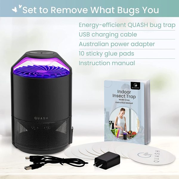 QUASH UV Light Bug Trap ?C Indoor, 2-Mode, Non-Zapper Insect Killer with USB Cable, AU Power Adapter, & 10 Glue Pads - Removes Gnats, Fruit Flies, Moths, Mozzies, & Sandflies, 13x14x22 cm, Midnight - Image 7