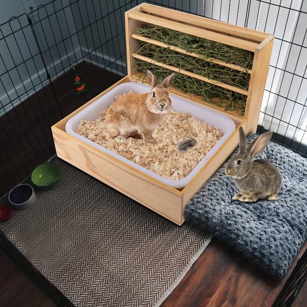 Rabbit Hay Feeder with Litter Pan, 2-in-1 Wooden Bunny Feeding Manger Grass Food Holder Rack with Plastic Litter Box Toilet for Rabbit Hamster Guinea Pig Small Pets Animals Reduces Waste Hay - Image 3