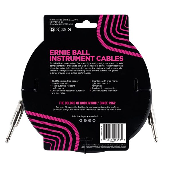 Ernie Ball P06048 3 Meters Straight/Straight Instrument Cable, Black, Black, 3 Meters