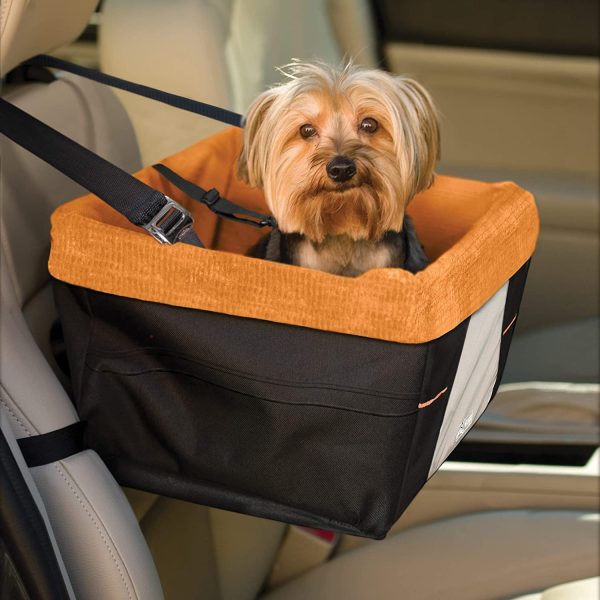 Kurgo Dog Booster Seats for Cars - Pet Car Seats for Small Dogs and Puppies Weighing Under 30 lbs - Headrest Mounted - Dog Car Seat Belt Tether Included - Skybox Style, Black/Orange - Image 4