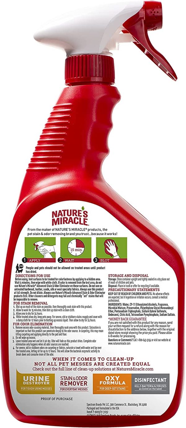 Nature’s Miracle Advanced Cat Stain And Odour Eliminator, Sunny Lemon Scent, 946ml, Severe Mess Enzymatic Formula, Pet Urine Destroyer, Multi-Surface Cleaner - Use On Carpet & Furniture, Trigger Spray - Image 2