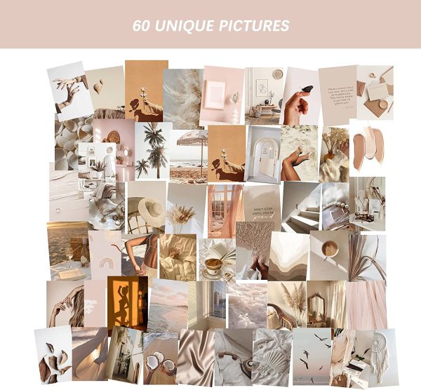 Btaidi 60 Pcs Beige Boho Wall Collage Kit Aesthetic Pictures, Cream Decor Boho Aesthetic Photos ,Wall Decor Posters for Girls Bedroom Wall, Dorm Room Photo Collage Kit Wall Decor 4x6 Inches - Image 5