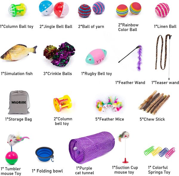 Cat Toys Kitten Toys 34pcs Assorted Cat Tunnel Catnip Fish Feather Teaser Wand Fish Fluffy Mouse Mice Balls and Bells Toys Storage Bag Set Kit Interactive cat Toys cat Feather Toy Mlorine - Image 2