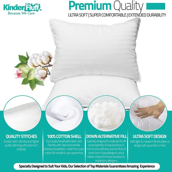 Kinder Fluff Toddler Pillow (2pk)- The only Pillow with 300T Soft Cotton & Down Alternative Fill. Hypoallergenic & Machine Washable. Ideal Baby Pillow for Toddler Bed or Travel Pillow