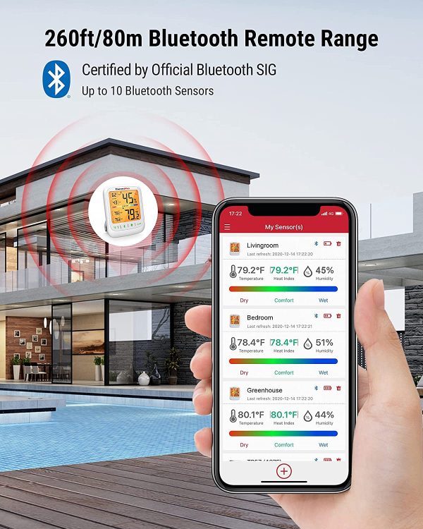 ThermoPro Bluetooth Hygrometer Thermometer, 260FT Wireless Remote Temperature and Humidity Monitor, with Large Backlit LCD, Indoor Room Thermometer and Humidity Gauge, Max Min Records