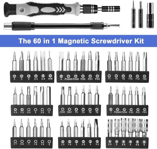 Precision Screwdriver Set, 60 in 1 with 56 Bits Magnetic Screwdriver Kit, Stainless Steel Professional Repair Tools Kit for Phone, Laptop, PC, Camera, Game Console, Glasses, and More ?CBlack - Image 4