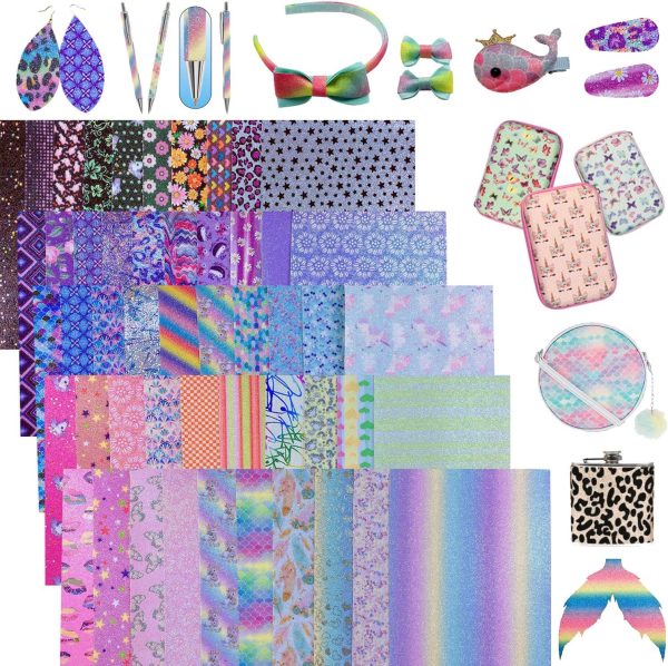 Shalun 50pcs A4 Fine Glitter Faux Leather Sheets Shiny Rainbow Mermaid Patterned Print PU Canvas Leatherette Cricut Fabric for Bows Earrings Keychains Craft 8x12inch (21cm x 30cm)