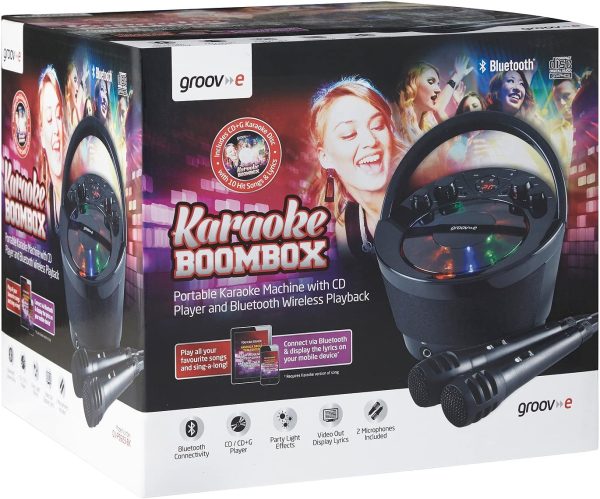 Portable Party Karaoke Boombox Machine with CD Player, Bluetooth Wireless Playback, Party Effect Lighting, Mic & Voice Control - 2 Microphones Included - Black