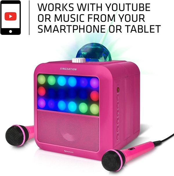 Portable Karaoke Machine - Singsation Star Burst (Pink) Karaoke System Comes w/ 2 Mics, Room Filling Light Show, Retro Light Panel & Works via Bluetooth. No CDs Required. YouTube Your Favorite Songs