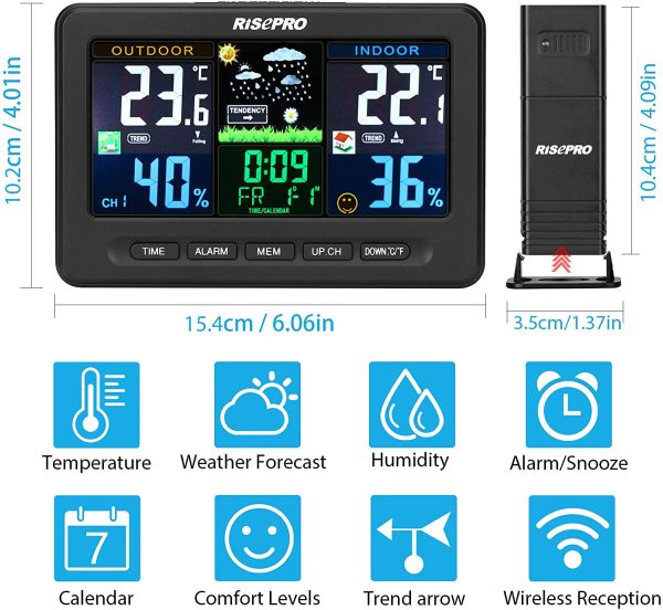 RISEPRO Wireless Weather Station with Outdoor Remote Sensor in/Out Temperature and Humidity Alarm Clock Calendar Weather Forecaster with Color LCD Display - Image 2