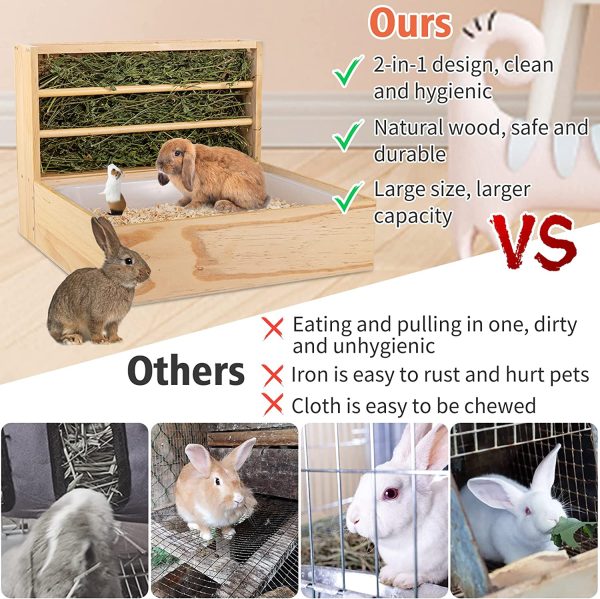 Rabbit Hay Feeder with Litter Pan, 2-in-1 Wooden Bunny Feeding Manger Grass Food Holder Rack with Plastic Litter Box Toilet for Rabbit Hamster Guinea Pig Small Pets Animals Reduces Waste Hay - Image 2