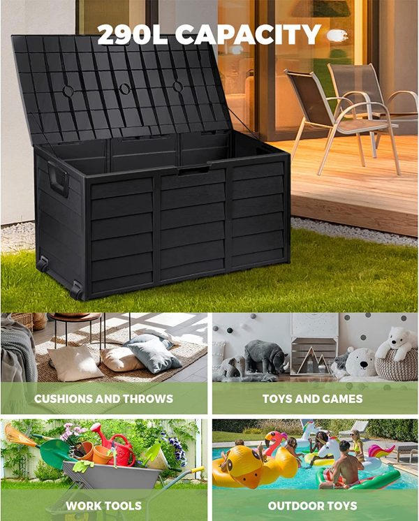 LI LIVSIP 290L Outdoor Storage Deck Box - Waterproof & Lockable Large Storage Container with Wheels Handle for Cushion Pillow Toys Garden Tools, Black - Image 7