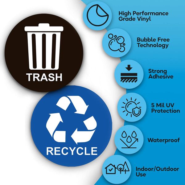 Recycle Sticker for Trash Can - Perfect Bin Labels - 5" by 5" - Ideal Signs for use on Home or Office Refuse Bins - Suitable for Indoor and Outdoor use - 2 Pack - Blue for Recycling, Black for Trash - Image 3