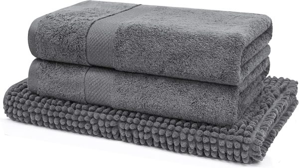 JustLINEN- Bath Towels Set- 3 Piece Luxury Bath Towel Sets with Bath Mat - 100% Combed Cotton 650GSM Durable & Absorbent, 2 Piece Bath Towels and 1 Piece Bath Mat -Charcoal