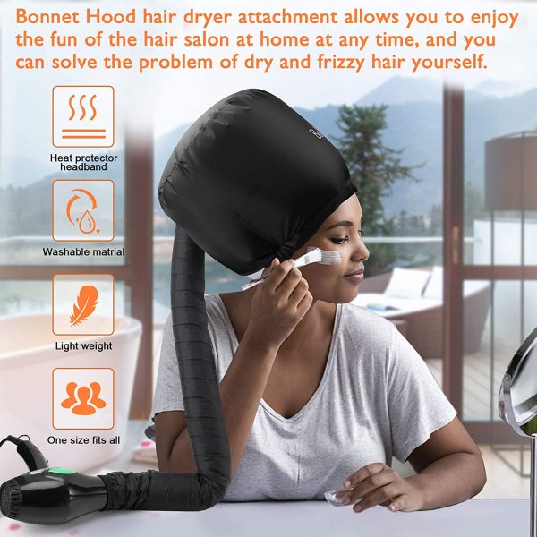 Bonnet Hair Dryer - Boloye Soft Bonnet Hood Hair Dryer Attachment with Heat Protector Headband to Reduces Heat Around Ears - Used for Curl, Hair Styling, Deep Conditioning and Hair Drying (Black) - Image 6