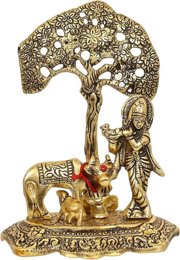 Tied Ribbons Lord Krishna with Cow and Calf Under Tree Idol Brass Murti- Home Decoration Item and Home Gifts - Image 4