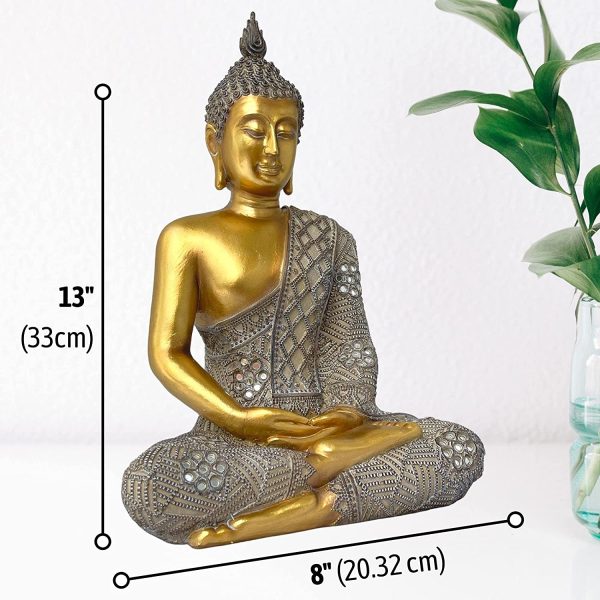 Sitting Buddha Statue for Home Decor ?C 13?? Golden Buddha Statue ?C Feng Shui Decoration for Peace and Harmony, Meditation Pose ?C Thai Buddha Statues and Figurines - Large Gold Indoor Sculpture