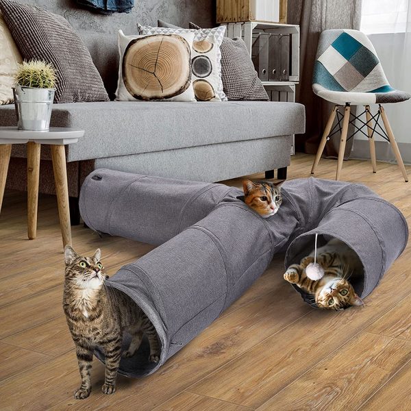 Ownpets Cat Tunnel Large 3 Way Collapsible Cloth Pet Tunnel Tube with Plush Ball & Feather Toy, U-Shaped Cat Play Tunnel for Indoor Cat, Puppy, Kitty, Kitten, Rabbit(Gray) - Image 2