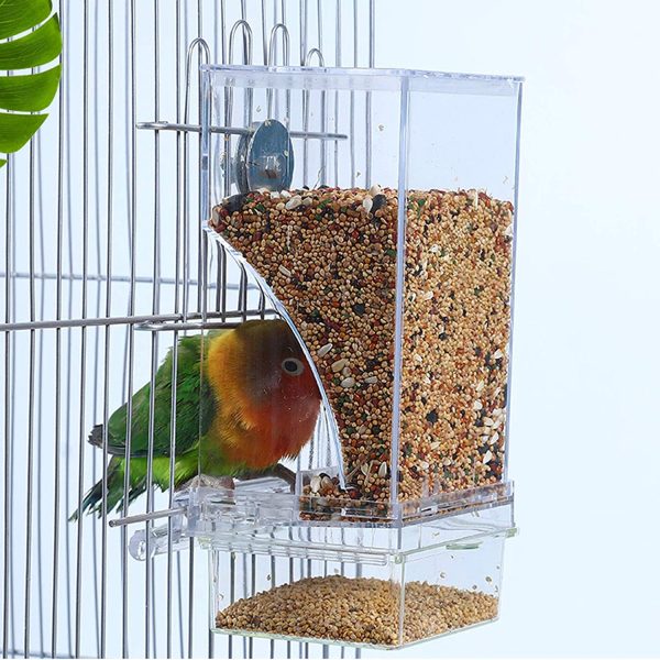 No Mess Bird Cage Feeder Automatic Parrot Seed Feeders with Perch Acrylic Transparent Seed Food Container Cage Accessories for Small and Medium Lovebirds Parakeets - Image 2