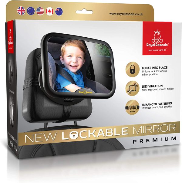 ROYAL RASCALS Baby Car Mirror for Back Seat - Updated Lockable Model - Black Frame - Safest Shatterproof Baby Mirror for Car - Rear View Baby Car Seat Mirror to See Rear Facing Infants and Babies.