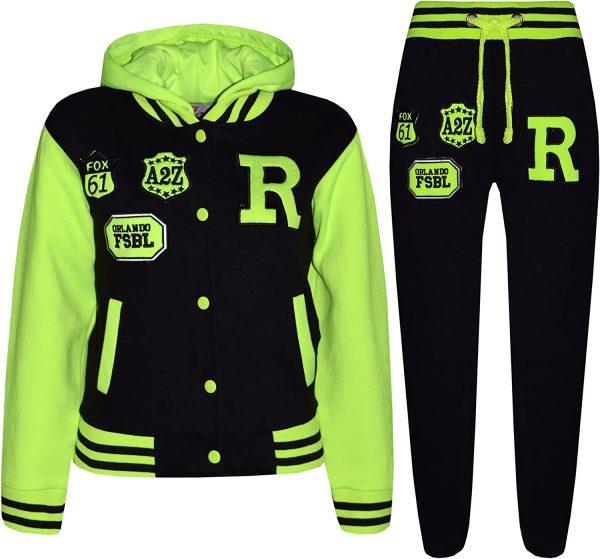 Kids Girls Boys Hooded Baseball Varsity Tracksuit Hoodie Bottom Set Joggers 7-13 - Image 5