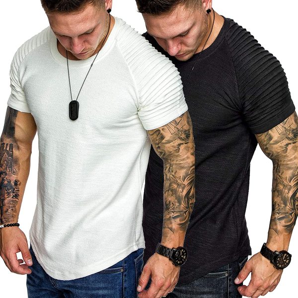 COOFANDY Mens 2 Packs Fitted T-Shirts Pleats Sleeve Muscle Workout Shirt Longline Gym Tee - Image 6