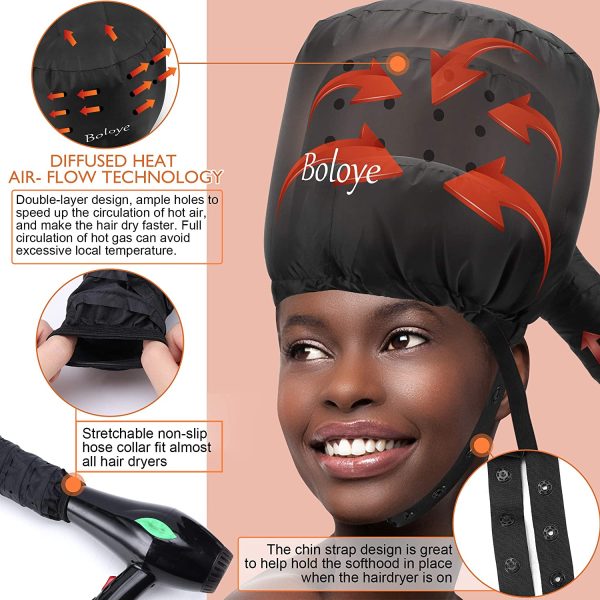 Bonnet Hair Dryer - Boloye Soft Bonnet Hood Hair Dryer Attachment with Heat Protector Headband to Reduces Heat Around Ears - Used for Curl, Hair Styling, Deep Conditioning and Hair Drying (Black) - Image 2