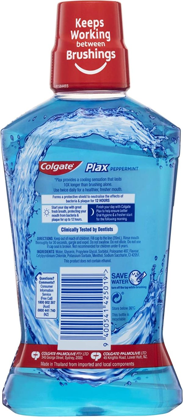 Colgate Plax Antibacterial Mouthwash 500mL, Peppermint, Alcohol Free, Bad Breath Control - Image 5