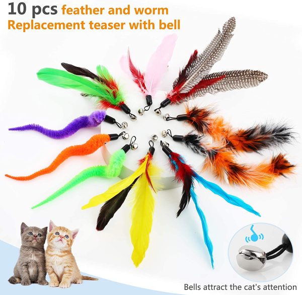 Hianjoo Feather Teaser Cat Toy Set 12 pcs, Interactive Toys for Cats 2 Retractable Cat Wand Funny Sticks and 10 Replacement Feather Teaser with Bell for Kitten Cat Catcher Having Fun Exercise Playing