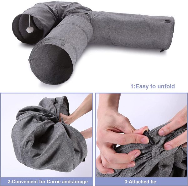 Ownpets Cat Tunnel Large 3 Way Collapsible Cloth Pet Tunnel Tube with Plush Ball & Feather Toy, U-Shaped Cat Play Tunnel for Indoor Cat, Puppy, Kitty, Kitten, Rabbit(Gray)